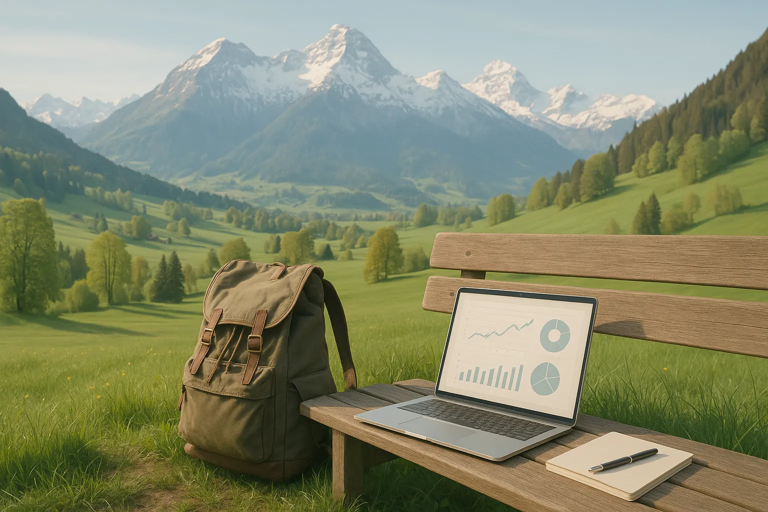 Spring landscape in Switzerland with snowy mountains, green hills, a travel backpack, and a laptop showing financial graphs on a wooden bench