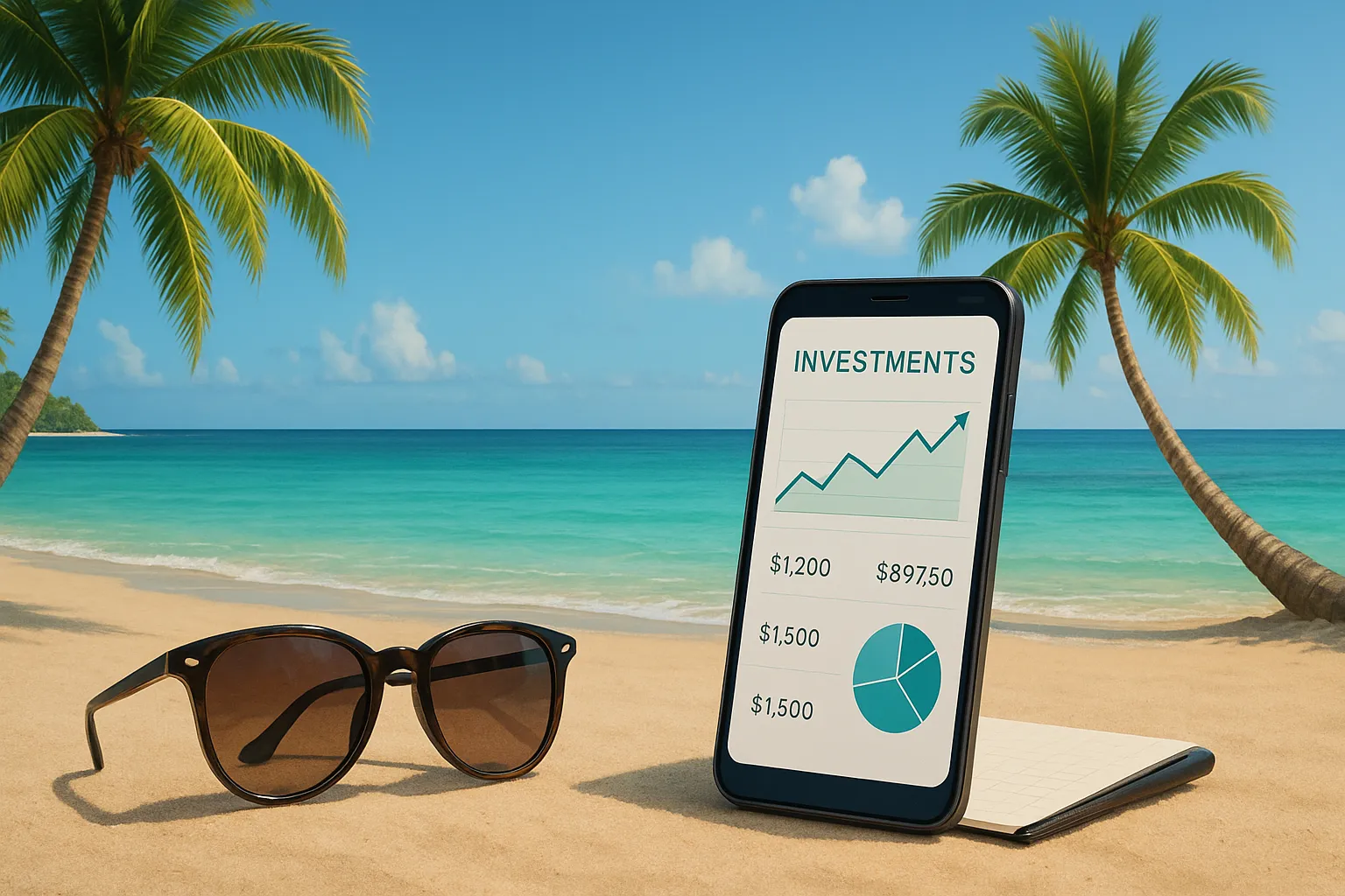 Finance app on the beach with sunglasses and tropical palms